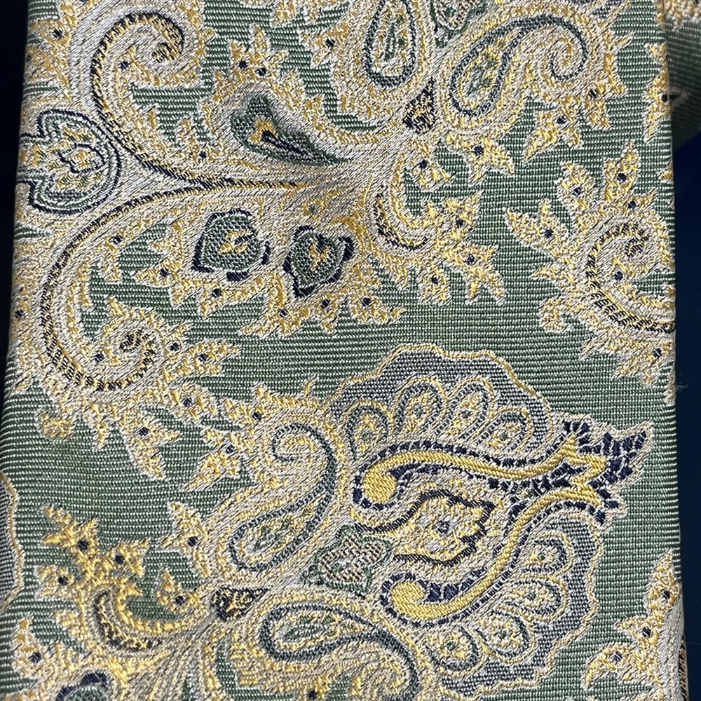 Paul Frederick Floral Paisley Metallic Silk Tie Blue Green Gold Vintage 80s 90s
